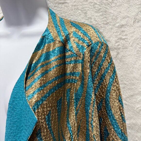 Chico's By Travelers Rev Crushed Zebra Duster Womens 3 Turquoise Gold Open Front - Picture 3 of 15